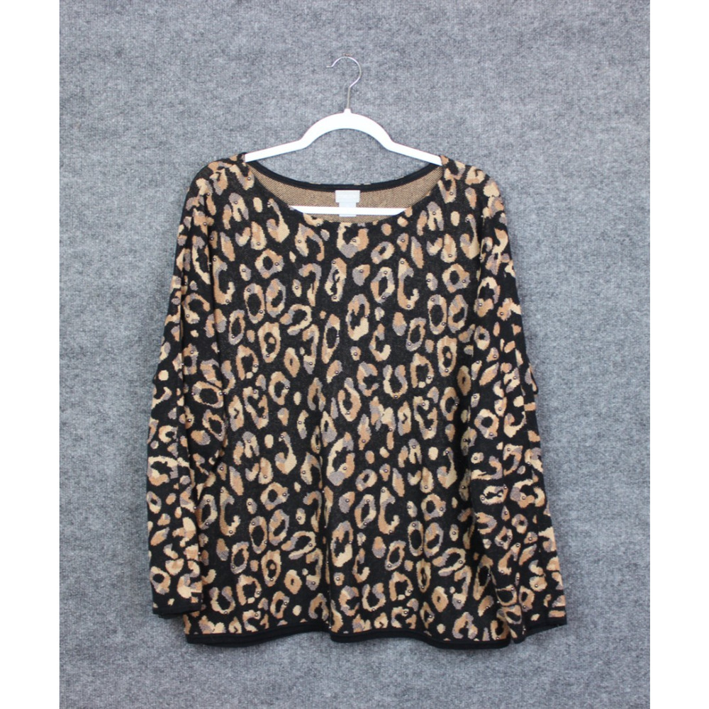 Chico's Sweater Top Women's 3 Animal Print Black Brown's Beeding‎ Long Sleeve